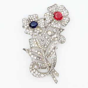 Vintage WWII Alfred Philippe Trifari Pavé Rhinestone Flower Brooch UV Glow 1940s